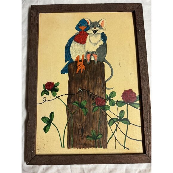 Mouse & Bird Peep & Squeak Painting On Art Board Hand Painted 1984 - Picture 1 of 6
